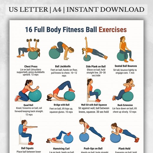 16 Full Body Fitness Ball Exercises Workout Poster, Stability Ball Exercise Chart, Printable PDF A4 US Letter, Instant Download - Etsy