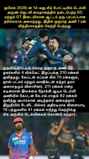 1 ரன் த்ரில்லர்: டெல்லியை வீழ்த்தியது குஜராத்!😱 #ipl2026