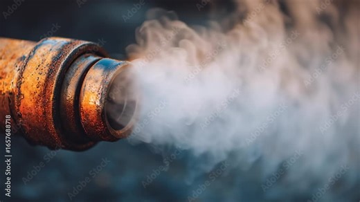 Overheating steam venting from a rusty industrial pipe, showing pressure buildup and mechanical stress in harsh environments.