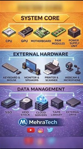 MehraTech | 💻 Understanding Computer Hardware Made Simple! From the powerful System Core (CPU, GPU, Motherboard & RAM) To essential External Hardware... | Instagram