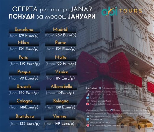 @abitourstravelagency on Instagram: "January 2026 Barcelona,Spain (from Skopje Airport) Starting from 159 €/person (three nights) 🏨 Hostal Lami⭐️⭐️ Madrid,Spain (from Skopje Airport) Starting from 239 €/person (four nights) 🏨 Mercader⭐️⭐️⭐️⭐️ 🏨 Travelodge Madrid Torrelaguna ⭐️⭐️⭐️ Milan,Italy (From Skopje Airport) Starting from 139 €/person (two nights) 🏨Hotel Berlino⭐️⭐️⭐️ 🏨Hotel Mayorca⭐️⭐️⭐️ Rome,Italy (From Skopje Airport) Starting from 139 €/person (two nights) 🏨Grand Hotel Colony⭐️⭐️