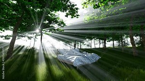 Bed in nature 3d animation.Concept of good sleep.Sunrise in forest.