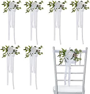 6PCS Wedding Aisle Pew Flowers, Rose Floral Wedding Chair Back Flowers with Leaves and Ribbons Decorations Flowers for Wedding Ceremony Party Church Chair. (White)