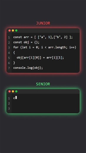 Junior vs Senior: Convert Array to Object in JS ⚡ Object.fromEntries() #js #coding #shorts