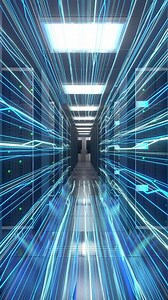 Moving Forward Through a High-Tech Server Room with Glowing Data Streams - Hosting and Storage Concept