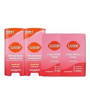 Lume Whole Body Deodorant And Soap - 2.6 Ounce Smooth Solid Stick With 72 Hour Odor Control (Pack of 2) and 5 Ounce Triple Milled Soap (Pack of 2) - Aluminum and Baking Soda Free (Peony Rose)