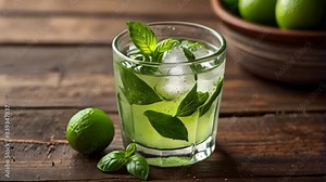 A refreshing glass of Basil Limeade, with vibrant green basil leaves floating in a sea of tangy lime juice and sweet sugar