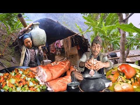 Nepali village Kitchen Organic Traditional Pork leg Curry recipe & firewood cooking