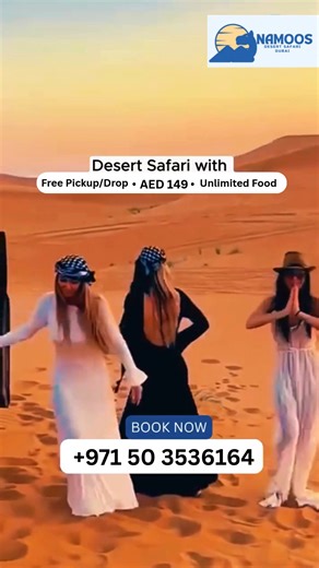 Namoos Desert Safari Dubai on Instagram: "Dubai Desert Safari only AED149 😍 Hotel pick up 1–2pm • Red dune ride • Photo stop • Arabic coffee & dates • Camp fun • Dance shows • Dinner under the stars 📲 +971503536164 DM or WhatsApp to reserve today!"