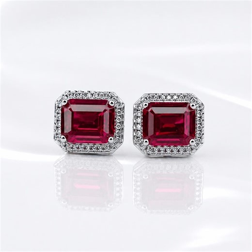Ruby Halo Stud Earrings | Lab Created Ruby Studs | Sterling Silver Emerald Cut Red Gemstone Earrings - Etsy