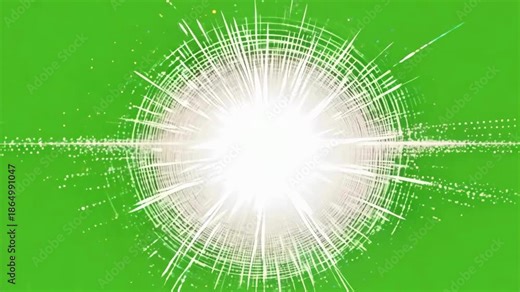 Bright white anime flash explosion on green screen. Radial shockwave burst for comic book action effects.
