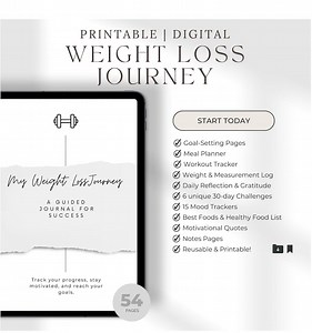 Weight Loss | Printable Weight Loss Journey Journal | Tracker | Fitness Planner | Digital PDF Download | Meal Planner | Self Care | Grey - Etsy
