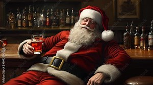 Santa Claus drunk and passed out at a bar while holding a full glass of Whiskey after a long night of delivering presents. Stock Video