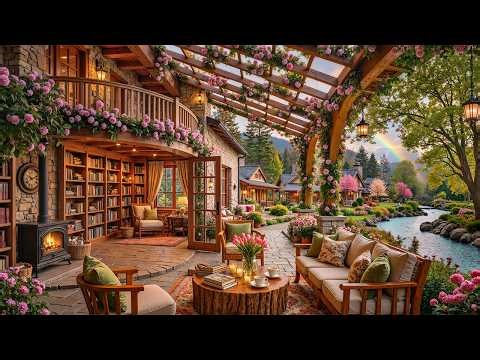 Rainy Spring Jazz Melody at Cozy Riverside Porch Ambience | Warm Fireside Glow to Relax, Work