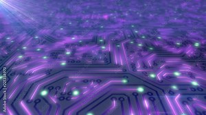 Seamless looping animated ultra violet glowing circuit board texture in 4K resolution