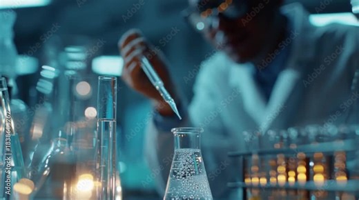 Scientist carefully measures liquid drops with a pipette into test tubes in a modern, dramatically lit laboratory setting