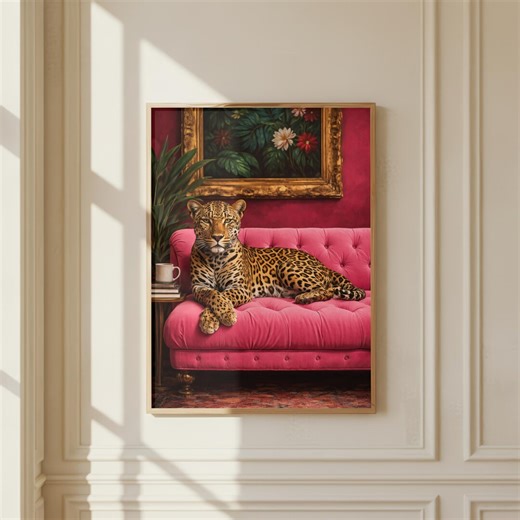Leopard Pink Sofa Poster, Glam Living Room Decor, Vintage Elegant Wall Art - Etsy