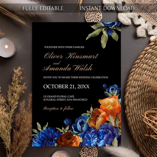 Royal Blue Burnt Orange Wedding Invitation Template, Moody Navy Blue Orange Wedding Invite, Editable Canva Blue Floral Wedding Card - Etsy