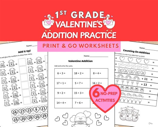 1st Grade Valentine's Addition Worksheets | Printable Math Practice | Early Finishers (PDF Download, 6 Pages) - Etsy
