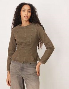 ASOS DESIGN - Top manches longues en jean à basque - Vert olive | ASOS