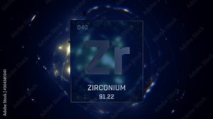 Zirconium as Element 40 of the Periodic Table. Seamlessly looping 3D animation on blue illuminated atom design background with orbiting electrons. Design shows name, atomic weight and element number Stock Video