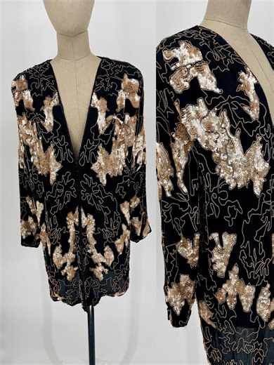 Sz S//vintage Judith Ann Silk Sequin Jacket//black & Gold Beaded Jacket//luxe Open Front Glam Jacket - Etsy