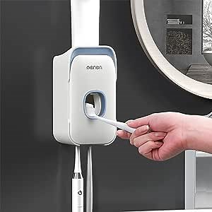 Toothpaste Dispenser， Wall Mounted Toothbrush Holder Automatic Toothpaste Dispenser Dustproof with Convenient Toothpaste Squeezer for Family Bathroom Washroom ，with Super Sticky Suction Pad.(Blue)