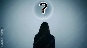Woman with a question mark above her head, process of thinking and reflecting on gender issues and self-identification Stock Video