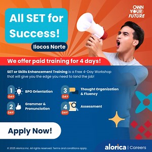 We offer paid training for 4 days! SET or Skills Enhancement Training is a Free 4-Day Workshop that will give you the edge you need to land the job at Alorica! Join us now and start your career. #SkillsEnhancementTraining #PaidTraining #EntryLevel #NoWorkExperienceRequired #NoBPOExperienceRequired | Alorica Philippines