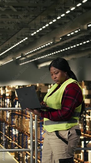 Vertical Video African american employee checks parcel status on tracking software with laptop, shipment details and AWB tags ensuring package tracking in warehouse. Adult with safety vest on platform