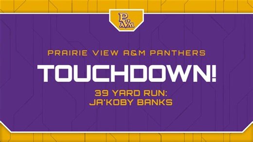 PVAMUFBALL: 🐾 TOUCHDOWN PANTHERS! 🏈 Ja'koby Banks takes it 39 yards to the house as Prairie View A&M grabs a 7-5 lead over the Bulldogs! 💪🔥 6:15 left in the first half. #PVAMU #PVPantherFootball #GoPanthers | Prairie View A&M Panther Athletics