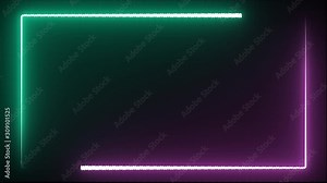 Modern abstract lines glowing neon background in purple and mint colors. The lines move in the shape of a rectangle, fluorescent ultraviolet light LED motion screen design.
