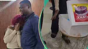 "Office wife in the mud": Lady surprises fiancé with cake at work on birthday