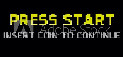vintage PRESS START INSERT A COIN TO CONTINUE 8-bit start prompt. Pixel Press Start text animation