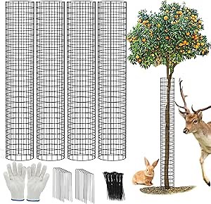 48" Metal Tree Trunk Guard, 4 Pack Mesh Protectors with Zip Ties, Glove & Metal Stakes - Protect Bark & Saplings from Mowers, Deer & Other Animals