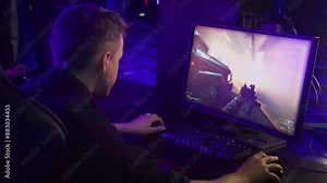 Gamer Defeated By Enemy Soldier In Modern Army Shooter Video Game. Gamer Upset From Losing Level In Shooter Pc Game. Gamer Fails Difficult Mission In Shooter Computer Game. War. Defeat