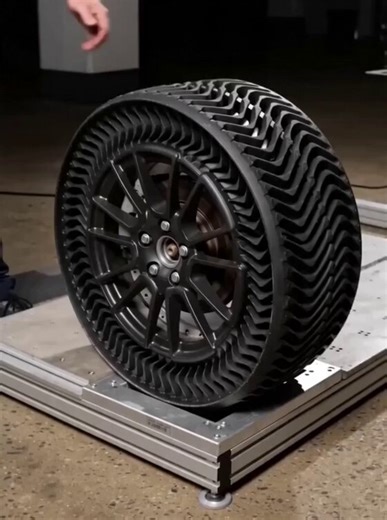 【誕生】パンクしないタイヤをミシュランが開発した。空気の代わりに柔軟なスパイラル構造が衝撃を吸収する仕組みでパンクが原因の事故や廃タイヤの削減が期待される。2026年現在はテスト段階で燃費や雪道対応などの課題が残っている。
