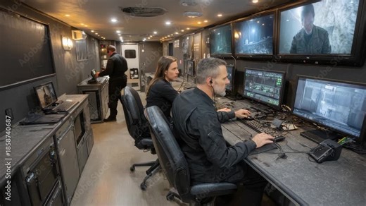 Security professionals monitor operations in an advanced command post equipped with multiple screens and technology