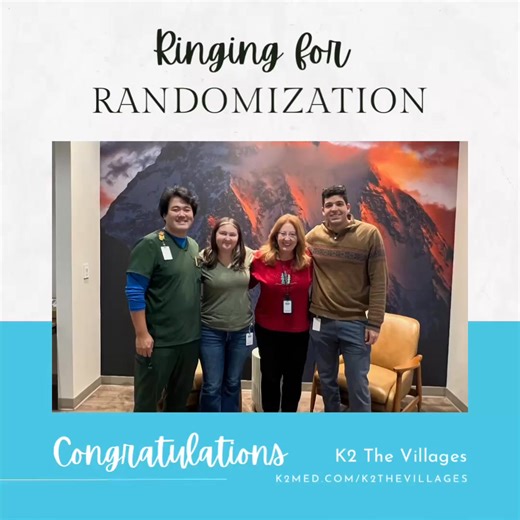 🔔 Ringing for Randomization! Just in time for the holidays 🎄our K2 The Villages team worked hard and randomized a patient in the Acadia ACP-204-012 study. Thank you to our patient, caregiver, and wonderful team for working together for this crucial study. Interested in learning about our studies, visit k2med.com/k2thevillages or call 352-500-5252. | K2 Medical Research