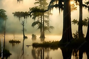 Southern Swamps, Beautiful Swamp, Natural Bog, Marsh, Mire, Southern Wetland, Fen, Morass Copy Space Generative AI Illustration