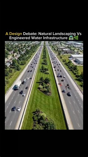 The post asks viewers which highway median design looks better: the previous version with trees, grass, and landscaping, or the new long water canal built in its place, as shown in a time-lapse construction video. Most replies prefer the original tree-lined median, citing benefits like air cleaning, shade, and natural beauty while warning that the water channel risks stagnation, insects, algae, odors, and high maintenance costs. #foryoupage #viralvideo #infrastructure #newvisions #modernai @TikT