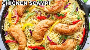 This Chicken Scampi Recipe is bursting with flavor from the creamy wine sauce, sauteed peppers, and juicy chicken tenders. RECIPE- https://simplyhomecooked.com/chicken-scampi/ | Simply Home Cooked