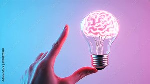 A hand extends towards a glowing neon lightbulb that transforms into a brain, symbolizing innovation and creativity.