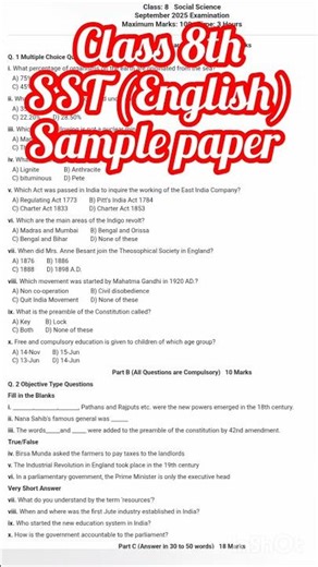 class 8th SST English medium sample paper #pseb #exam #exampreparation #class8 #sst