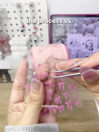 the process vs. the result🎀✨ #nailsticker #waterproofsticker #coquettesticker #ribbonstickers #pink