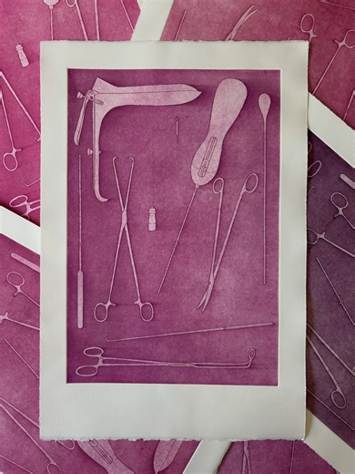 Emily Kampa on Instagram: "Just Take Ibuprofen is a copper plate etching of the actual medical instruments used in an IUD insertion. Each tool has been drawn and etched to scale. Devices include: Speculum: 6.95” nose length Single toothed tenaculum: 10” Paracervical block (& needle): 6” IUD insertion tube: 11” MT cervix-holding clamp: 11” OS finder: 8” Cotton swab: 8” IUD string scissors: 9.8” Hook for IUD removal: 10” IUD: 1.25” Plate is 12”x18”, print is 15”x22”"