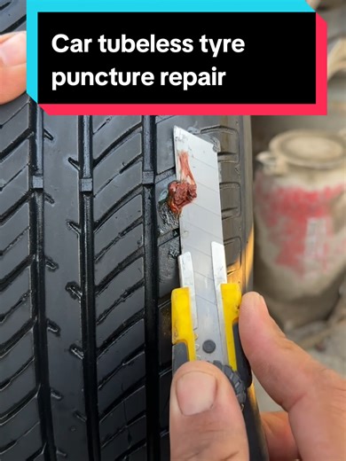Car tubeless tyre puncture repair with inside view. Showing the exact puncture spot and repair process using tubeless kit tools. #tyre #machine #repair #turck #shots