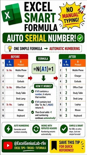 How to Create Auto Continuous Serial Number in Excel using Formula #serialnumber #excelseries #excel