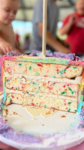 🍰 My cake layers are THICK, about 1.5 inches each. So I like a frosting layer that is half an inch high in between each layer. This would be a cake:frosting ratio of 3:1. What do YOU think is the perfect cake to frosting ratio?! Everyone has a different preference, so tell me yours in the comments! I don’t think there is a right or wrong way, but I’m sure some of you will disagree 😉 Follow for more behind the scenes from my licensed home bakery 🎉 #homebaker #funfetticake #frosting #cakes | A 