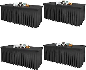 4 Packs Black Table Clothes for 6 Foot Rectangle Tables, One-Piece Wrinkle Resistant Stretch Spandex Table Covers with Skirt for Event Banquet Wedding Birthday Party